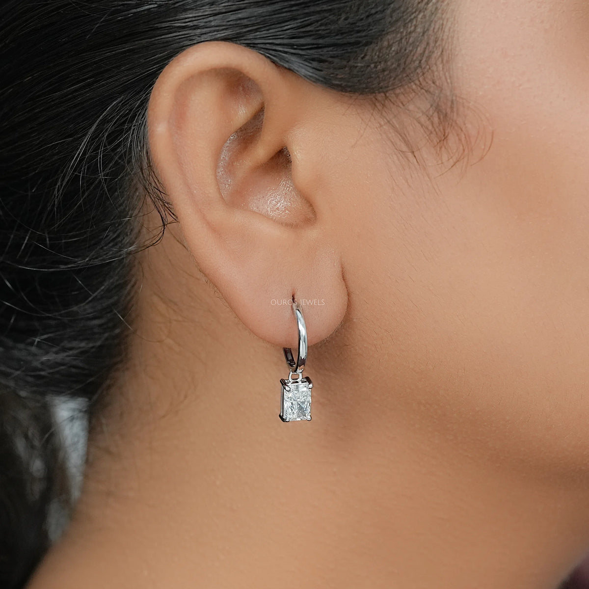 Radiant Cut Lab Diamond Dangle Hoop Earrings Earrings