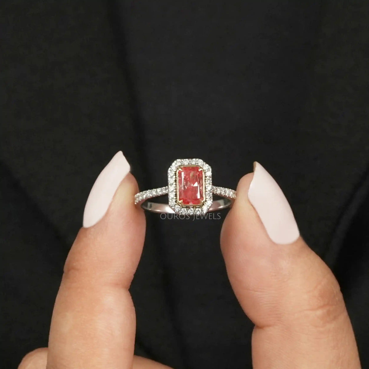 Fancy Pink Radiant Cut Halo With Accent Engagement Ring Ring