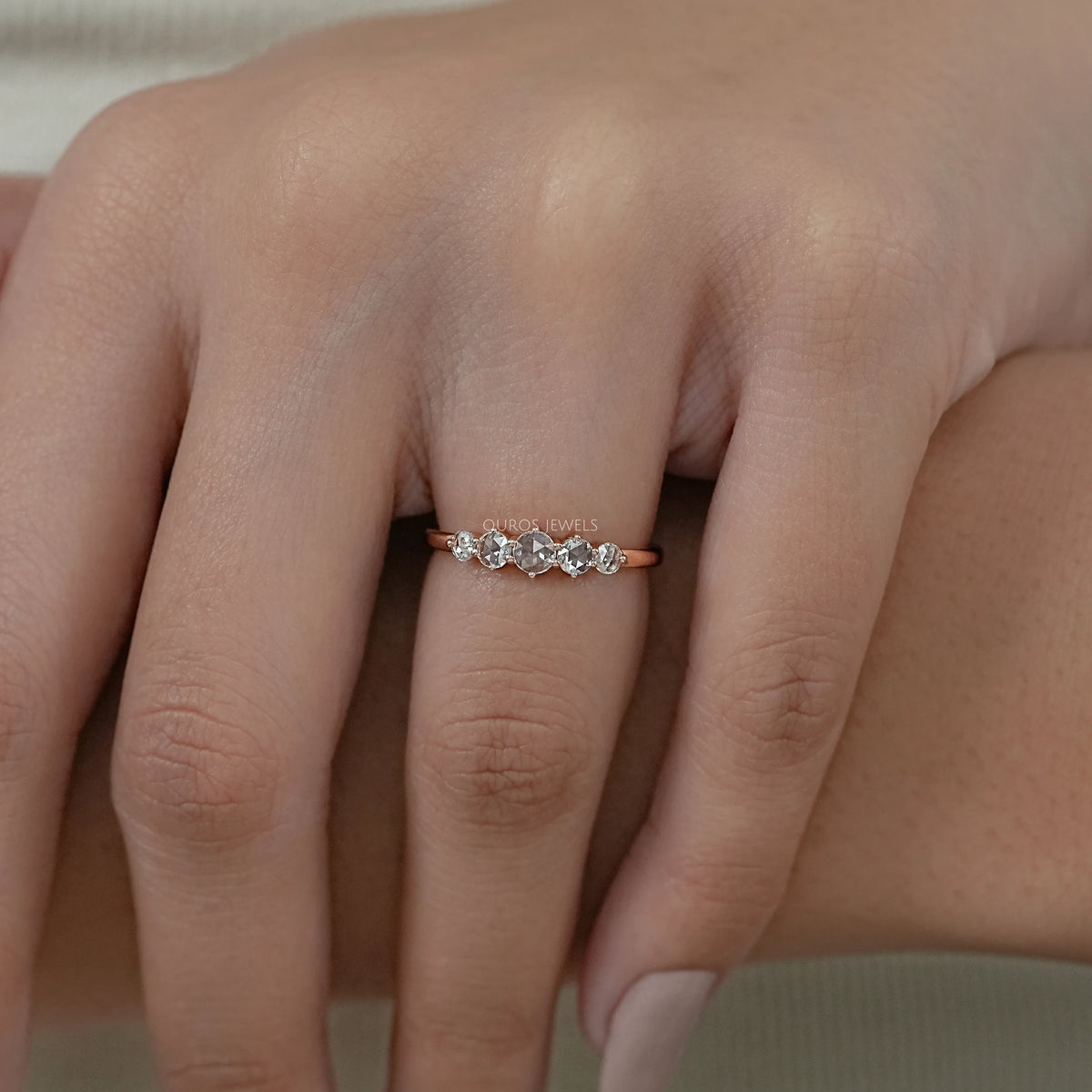 Five Stone Rose Cut Round Diamond Engagement Ring Ring