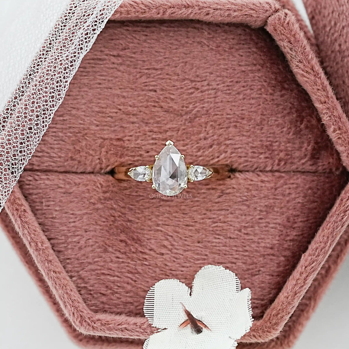 Three Stone Rose Cut Pear Diamond Engagement Ring Ring