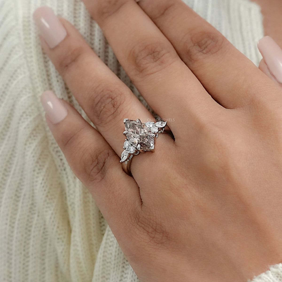 Champagne Marquise Lab Diamond Solitaire Accent Ring Rings