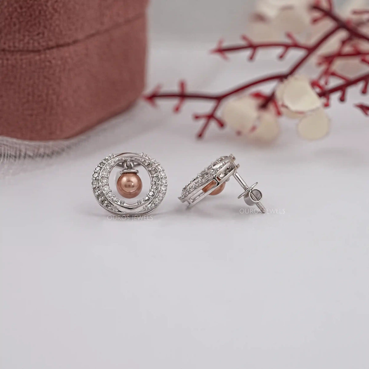 Round Diamond Halo Pearl Earrings