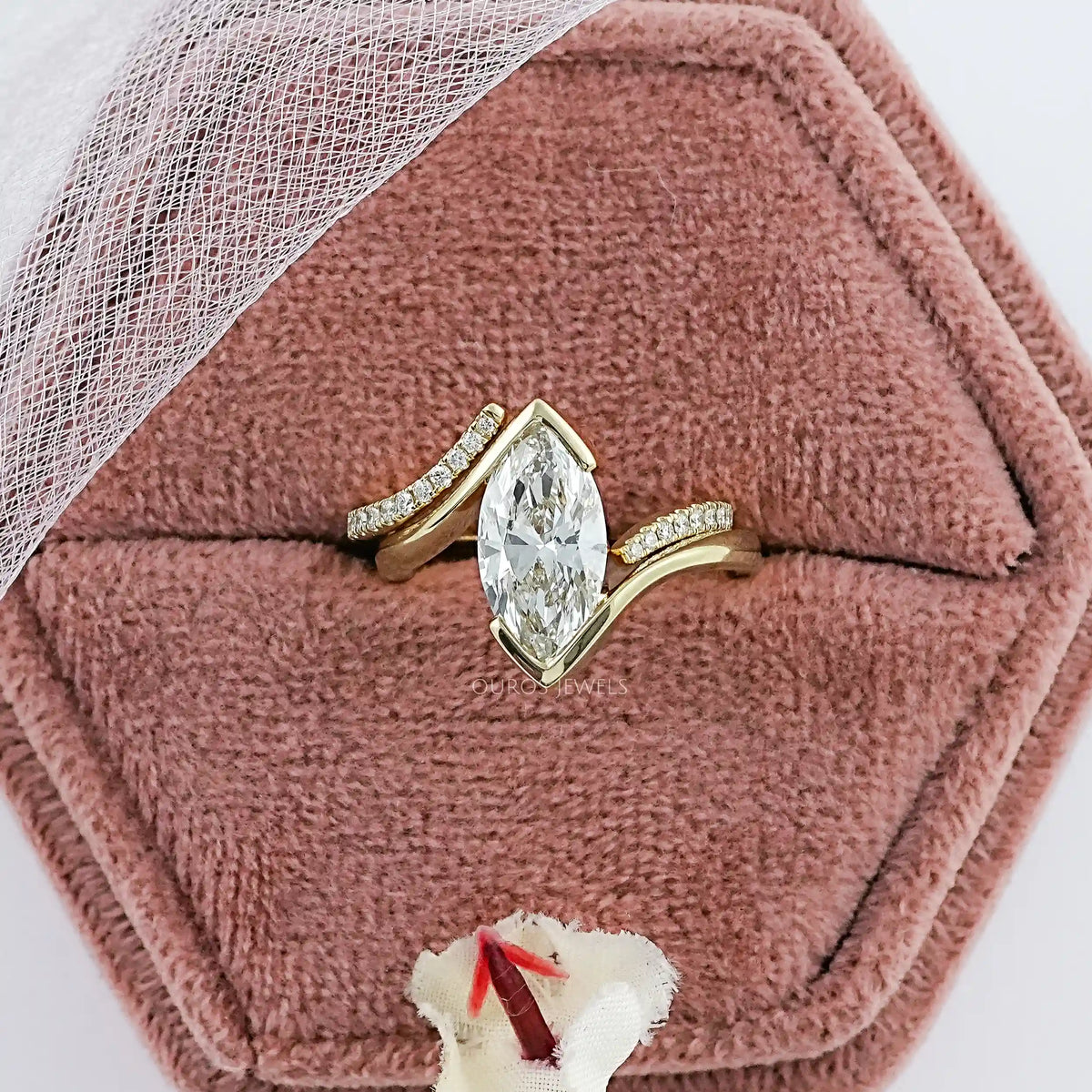 Half Bezel Marquise Lab Diamond Curved Ring Set Rings