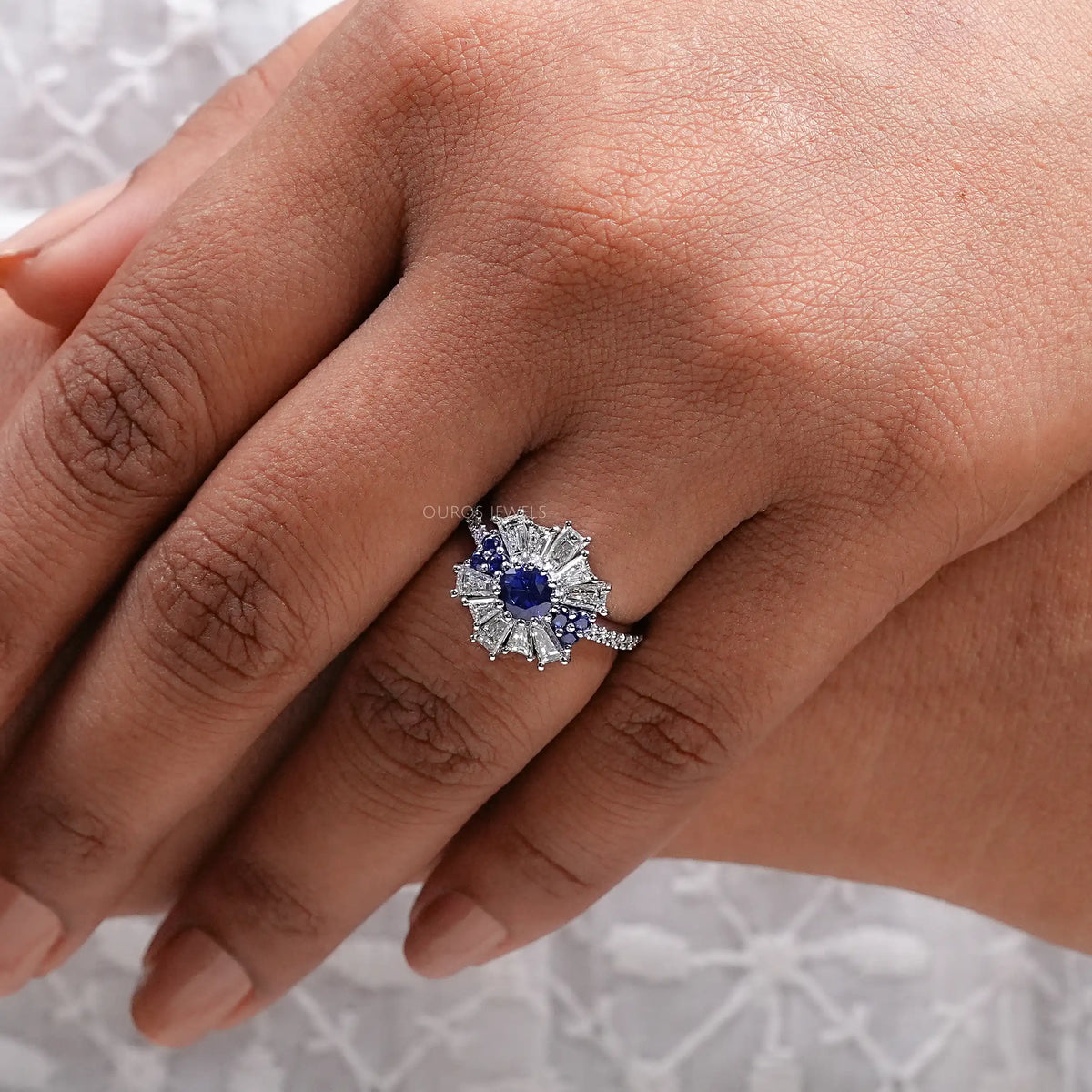 Sapphire Round And Tapered Baguette Diamond Cluster Ring
