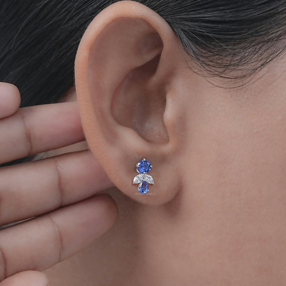 Sapphire Round And Pear Gemstone Stud Earrings Earrings