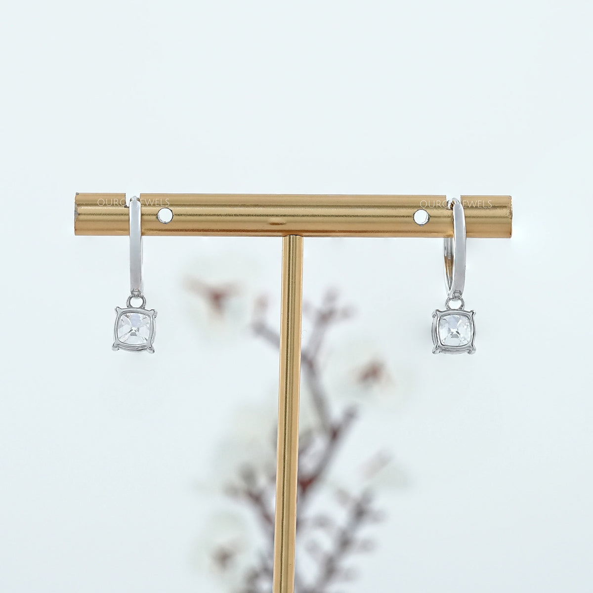 Square Old Mine Cushion Diamond Dangle Hoop Earrings Earrings