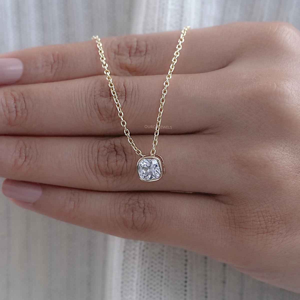 Square Old Mine Cushion Cut Bezel Solitaire Pendant Necklaces