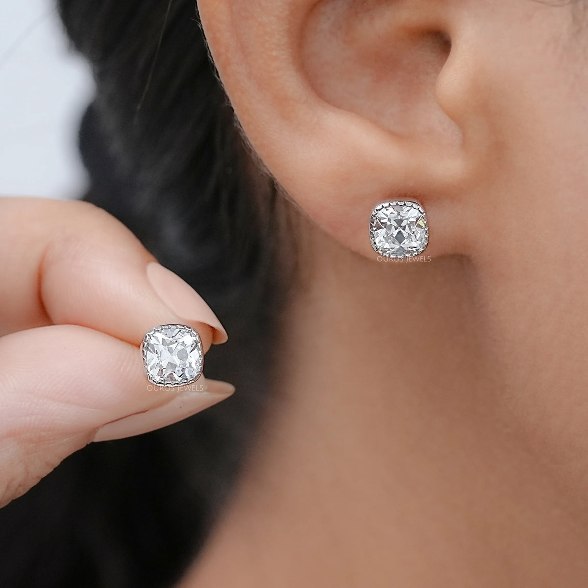 Square Old Mine Cushion Diamond Milgrain Stud Earrings Earrings