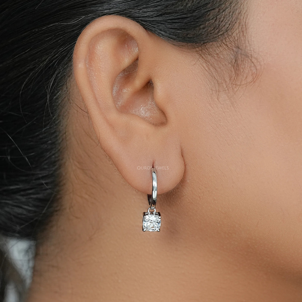 Square Old Mine Cushion Diamond Dangle Hoop Earrings Earrings