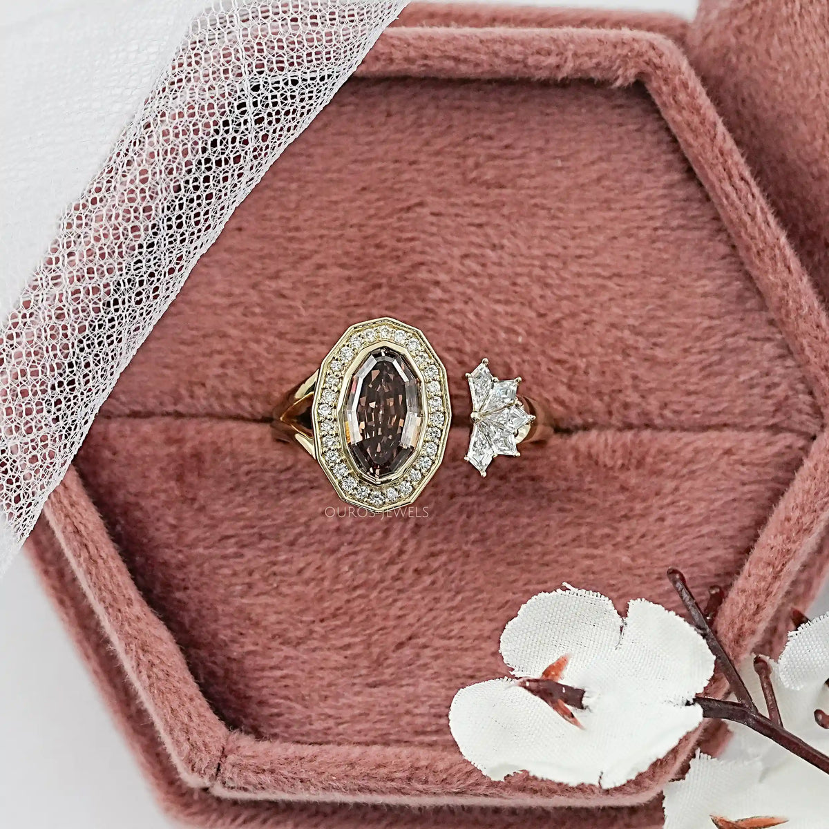 Champagne Step Cut Oval Diamond Halo Open Ring Ring