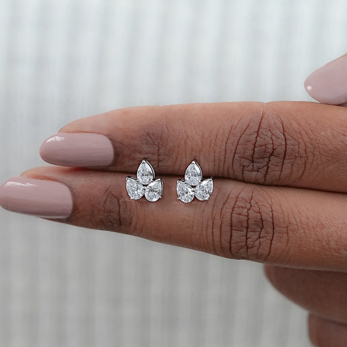Three Stone Pear Cut Lab Diamond Stud Earrings Earrings