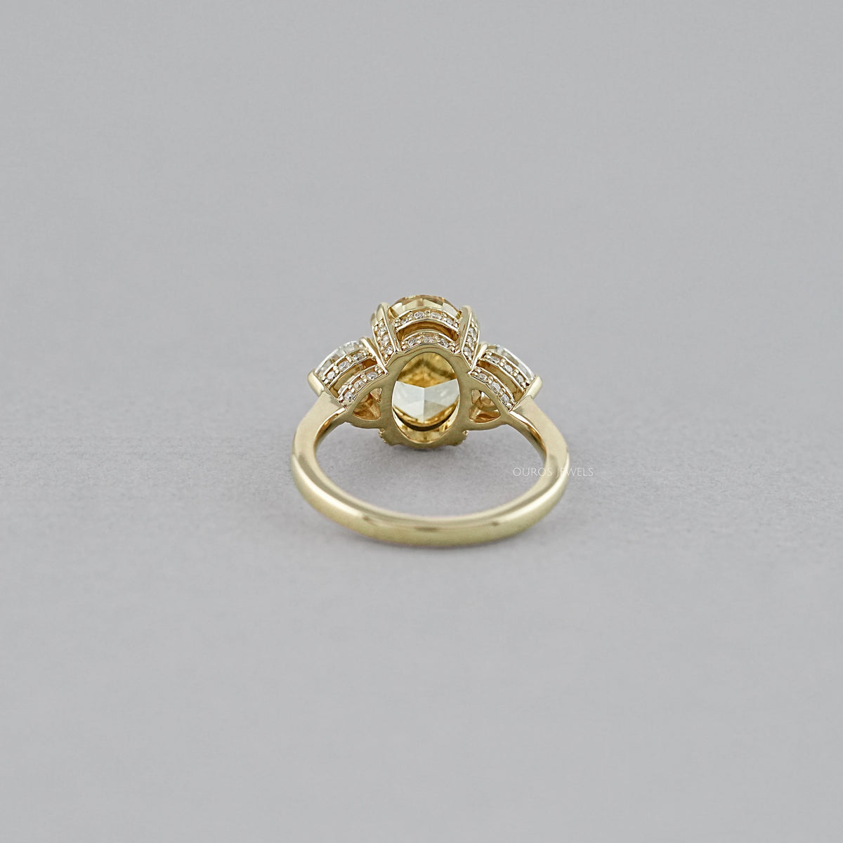 Fancy Vivid Yellow Oval Cut Hidden Halo Three Stone Ring Ring