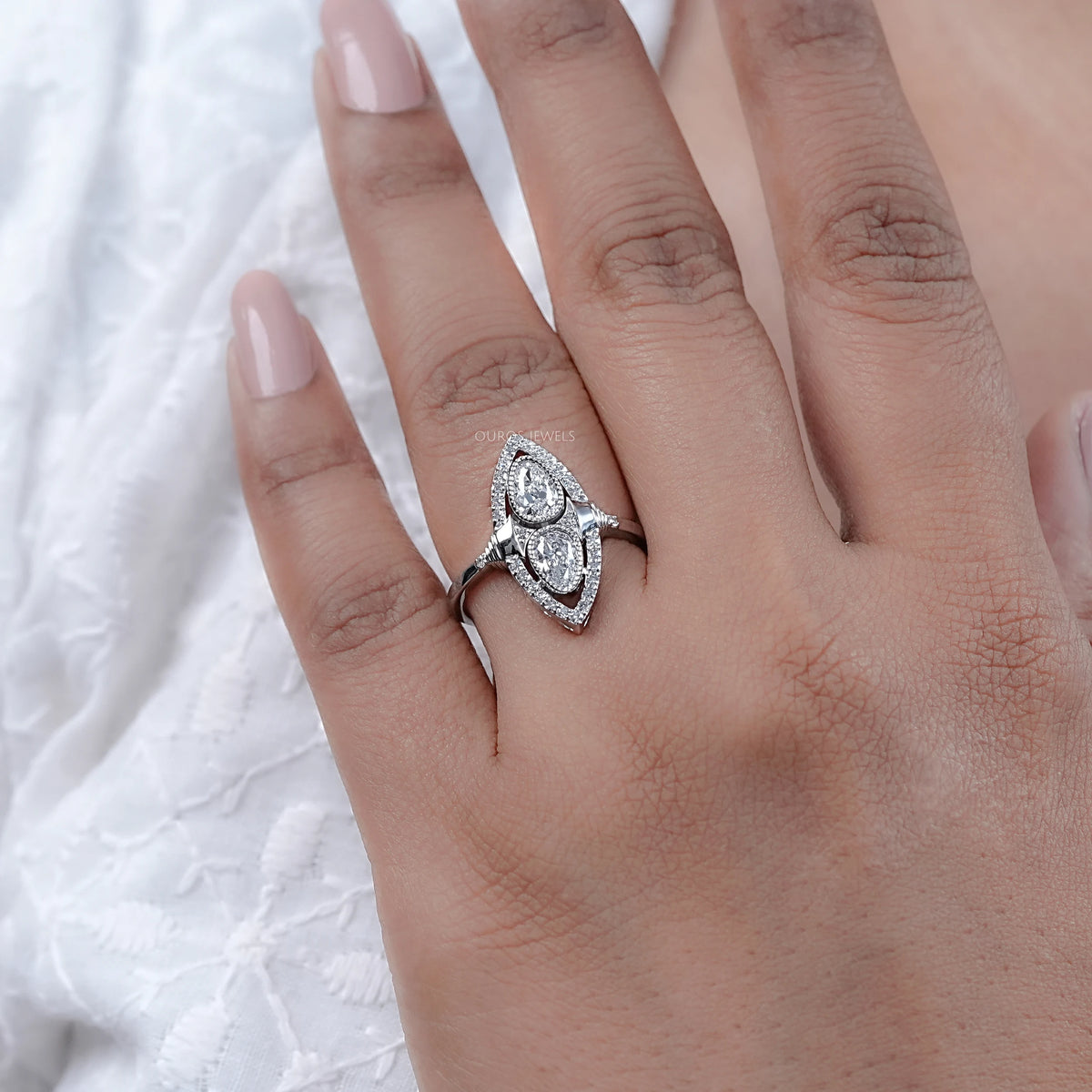 Old Mine Pear Lab Diamond Halo Navette Engagement Ring Ring