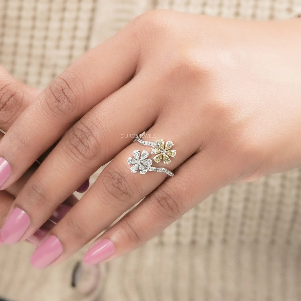 Flower Shape Yellow Pear Cut Lab Diamond Twin Bypass Ring