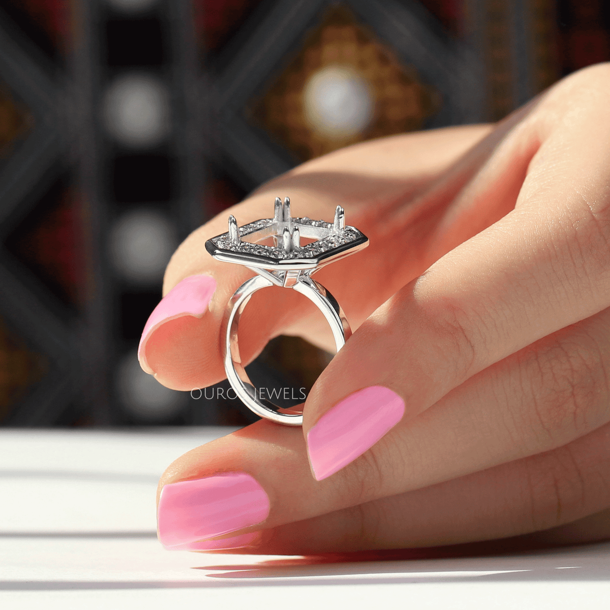 Emerald Cut Halo Semi Mount Engagement Ring Ring