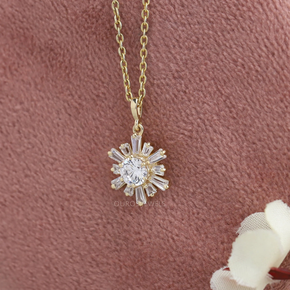 Tapered Baguette And Round Cluster Diamond Necklace Necklaces