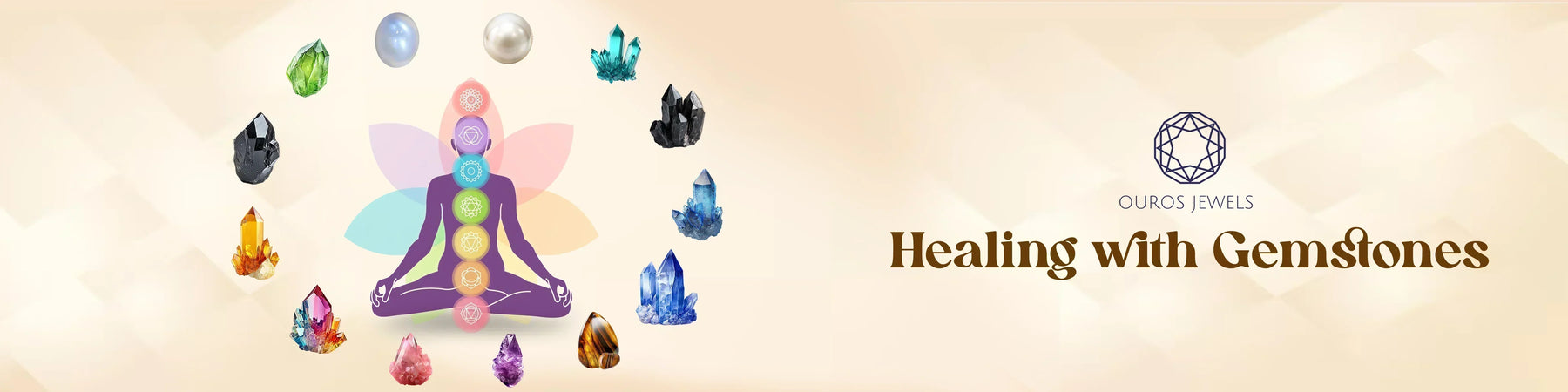 Illustration of a meditating figure with chakra-aligned healing gemstones, including Amethyst, Rose Quartz, Rainbow Tourmaline, Citrine, Black Tourmaline, Emerald, Moonstone, Pearl, Aquamarine, Hematite, Lapis Lazuli, Sodalite, and Tiger’s Eye.