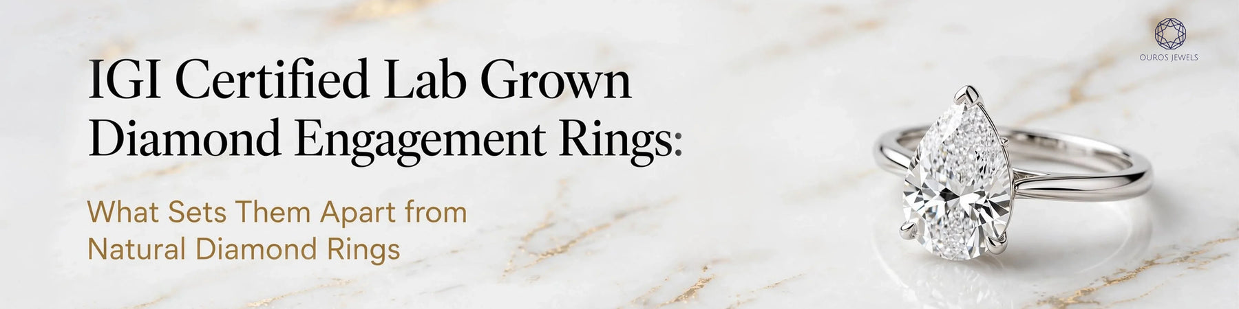 Pear-shaped lab grown diamond ring with a sleek band, displayed on a white and gold marble surface.