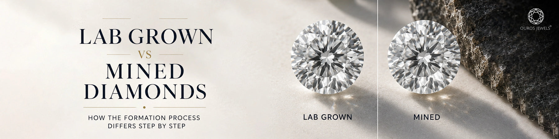 Lab grown and mined round diamonds displayed side by side, highlighting differences in their formation process.