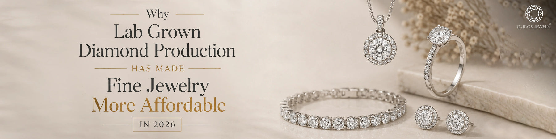Affordable fine jewelry in 2026 guide displaying a lab grown diamond collection with halo pendant necklace, tennis bracelet, solitaire ring, and studs