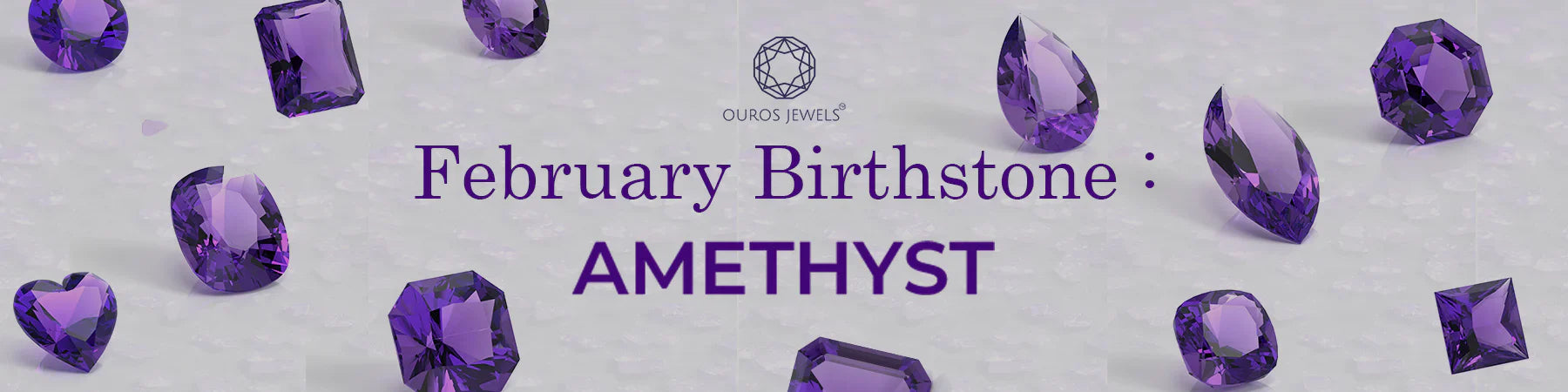 Various cuts of vibrant purple amethyst gemstones arranged on a light background, with the text 'February Birthstone Amethyst' prominently displayed in the center
