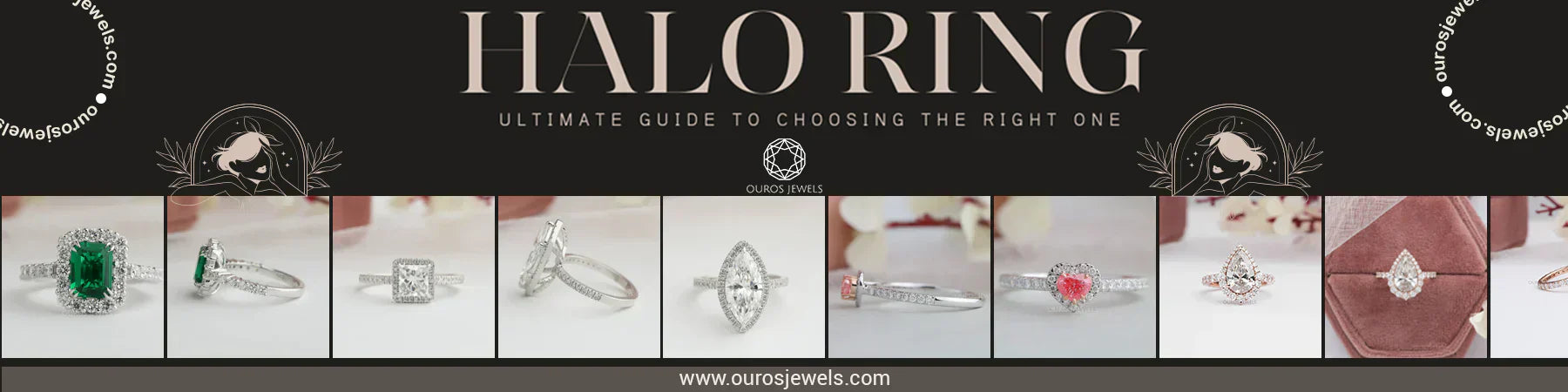 A selection of elegant halo engagement rings in various gemstone shapes and colors
