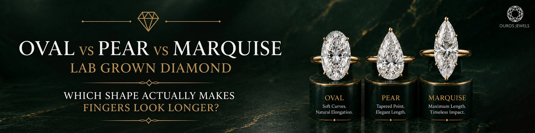Oval vs pear vs marquise lab grown diamonds shown on elegant black and gold stands with a dark luxury marble backdrop.