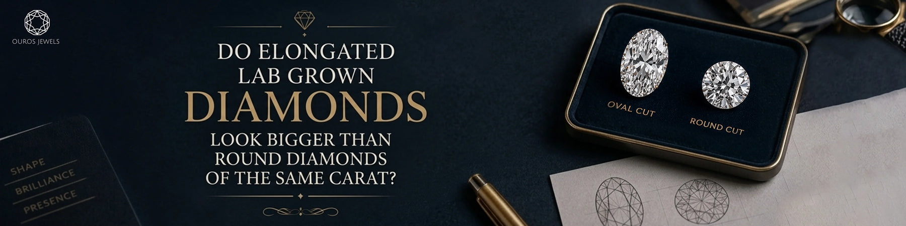 Oval cut and round cut diamonds shown in a black jewelry box with matching diamond sketches and a gold pen