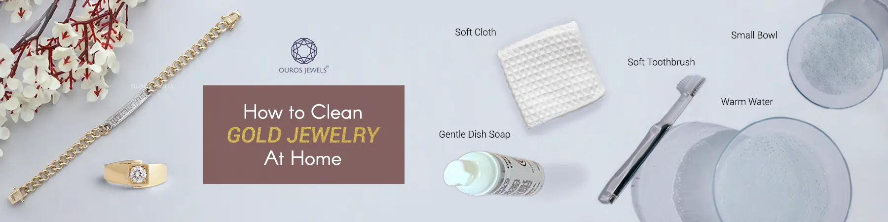 Image showing elements needed to clean gold jewelry at home with gentle dish soap, soft cloth, toothbrush, small bowl, and warm water.