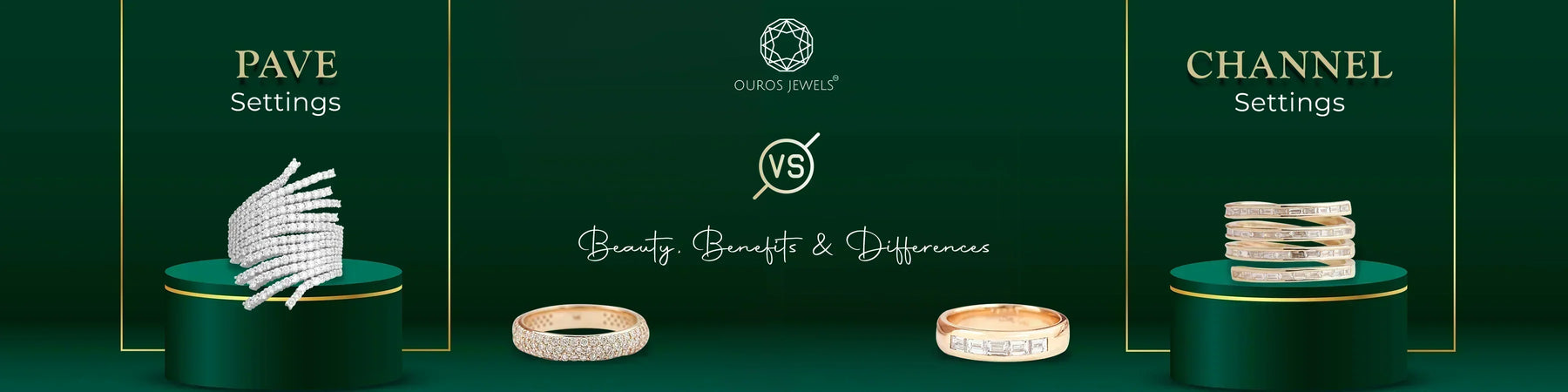 A side-by-side comparison of Pave and Channel settings, showcasing a bracelet and multiple diamonds rings with set in different styles