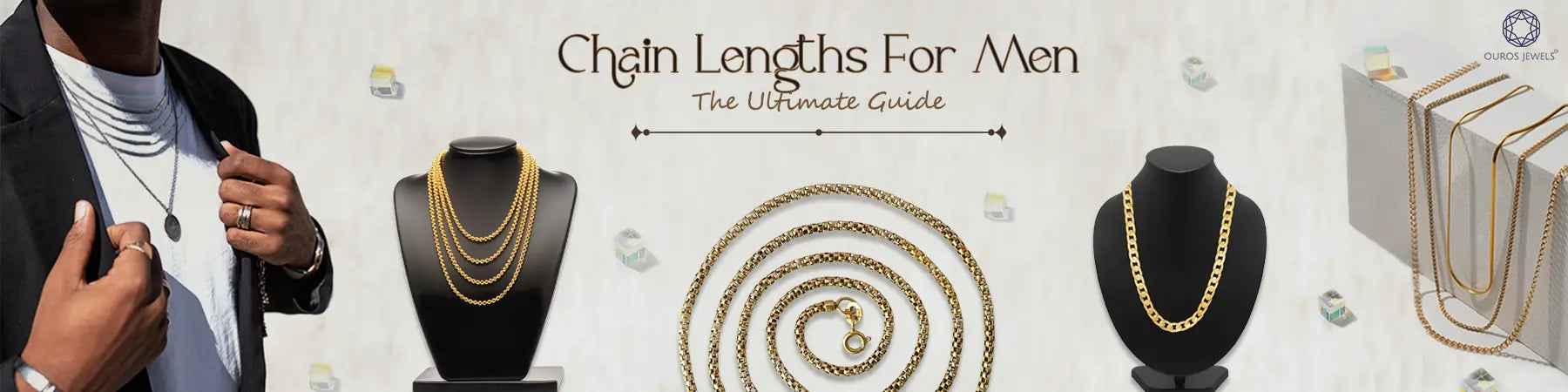Chain Lengths for Men - The Ultimate Guide by Ouros Jewels. A display of different chain lengths on a black stand, shown by a man wearing stylish outfits, highlighting various chain styles