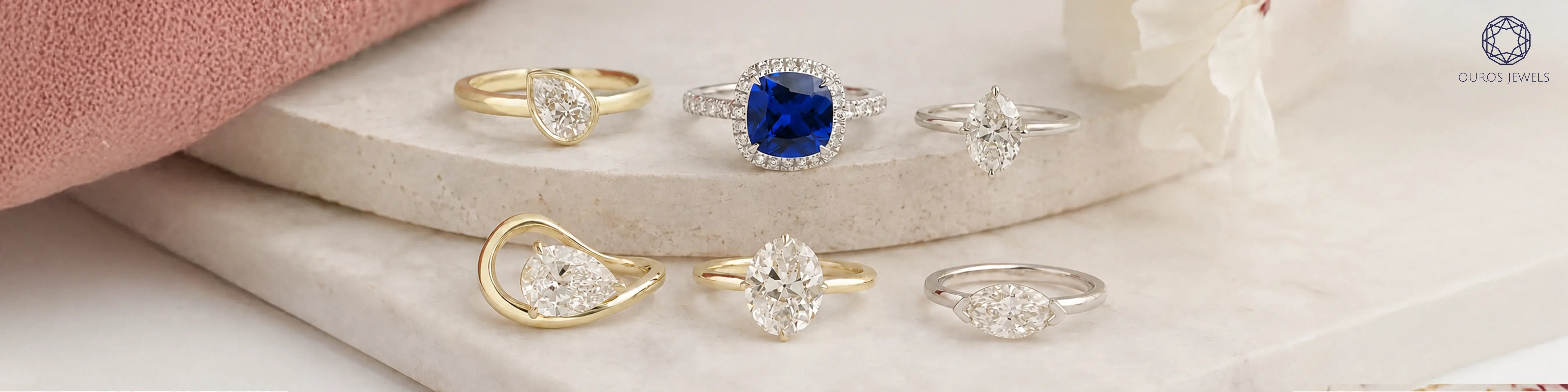 Six non-bulky engagement ring styles by Ouros Jewels: pear bezel yellow gold, cushion halo sapphire, pear solitaire white gold, bypass pear yellow gold, oval solitaire, and east-west marquise