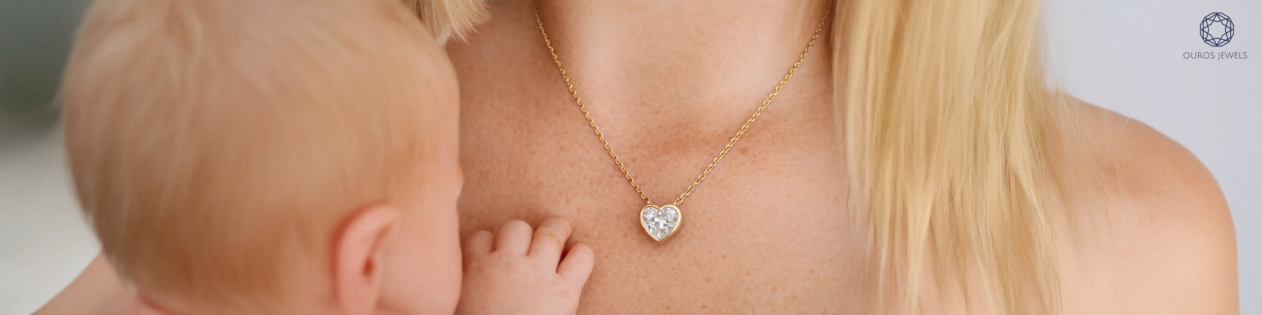 Heart diamond bezel pendant necklace in yellow gold, perfect push present idea for new moms