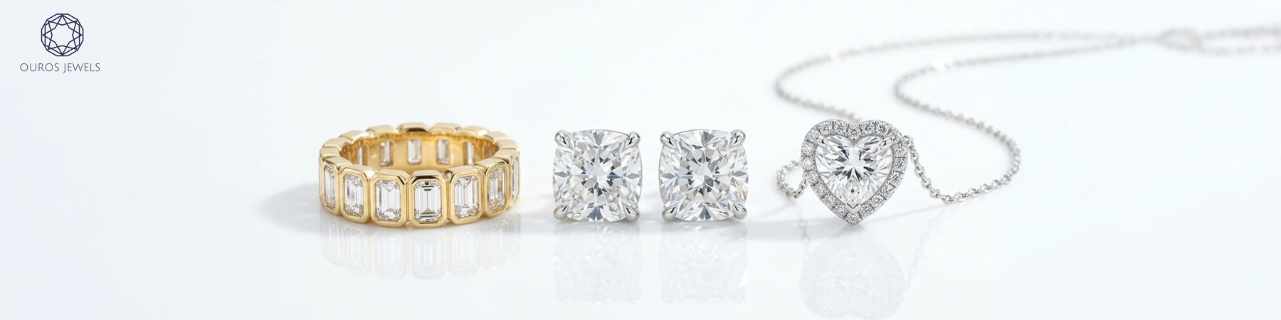 Lab grown diamond eternity band, cushion cut diamond stud earrings, and heart shaped diamond halo pendant necklace – 5th anniversary jewellery gifts for wife