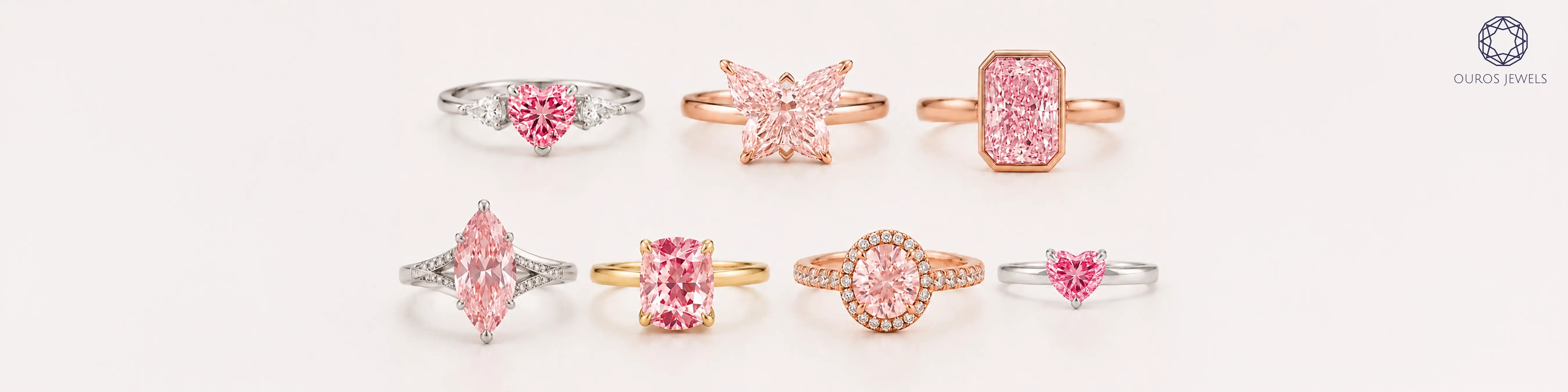 Pink engagement rings collection featuring lab diamond heart, butterfly, radiant, marquise, cushion, halo & solitaire styles in gold