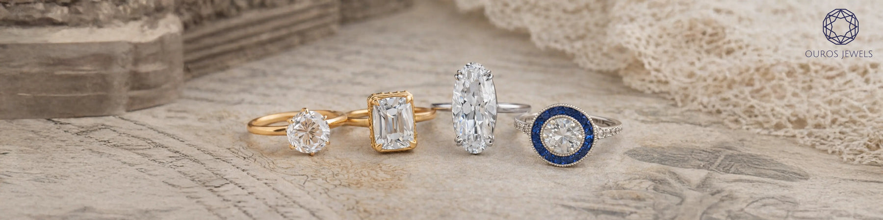 4 old cut lab grown diamond rings from Ouros Jewels 