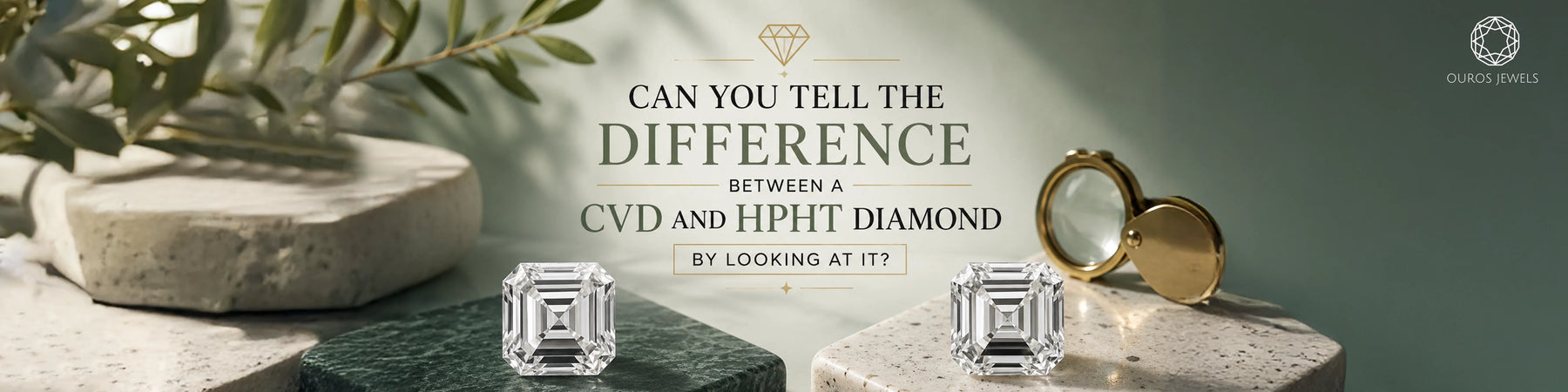 Two rectangular diamonds displayed on stone surfaces with a magnifying glass and leaves, alongside text comparing CVD and HPHT diamonds.