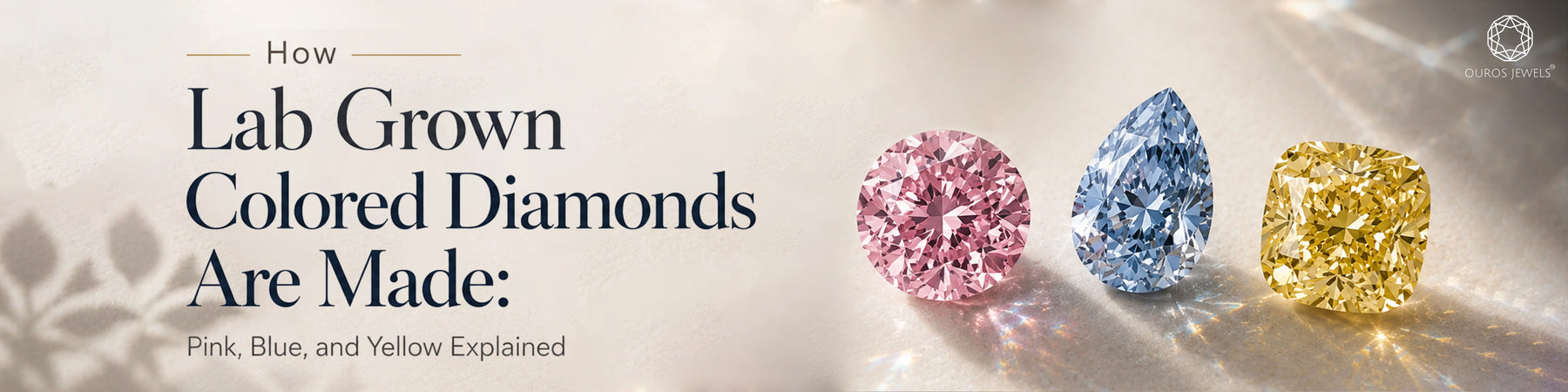 Lab grown colored diamonds guide explaining pink blue and yellow creation featuring pink round cut, blue pear cut, and yellow cushion lab diamonds