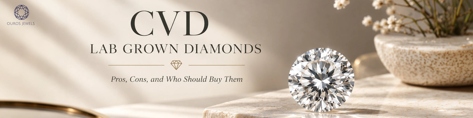 CVD lab-grown diamond displayed on a stone pedestal with a gold ring, floral decor, and text about its pros, cons, and who should buy it.
