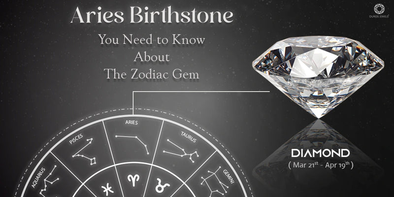 [Aries Birthstone: Learn about the zodiac gem Diamond, symbolizing strength and courage for those born between March 21st and April 19th. Image shows a diamond with a circular zodiac chart highlighting Aries.]-[ouros jewels]