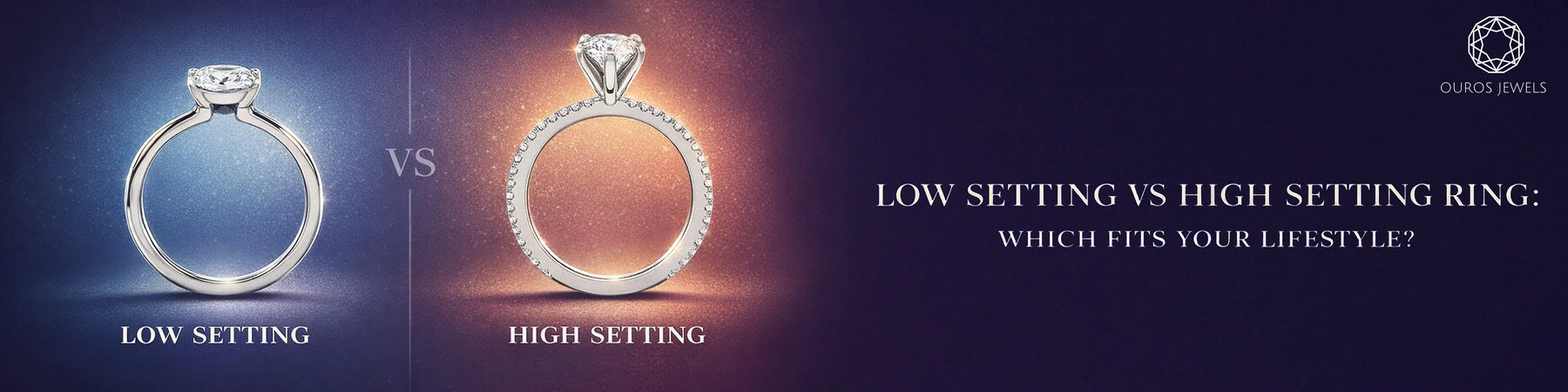 Low setting vs high setting ring comparison showing height and diamond exposure