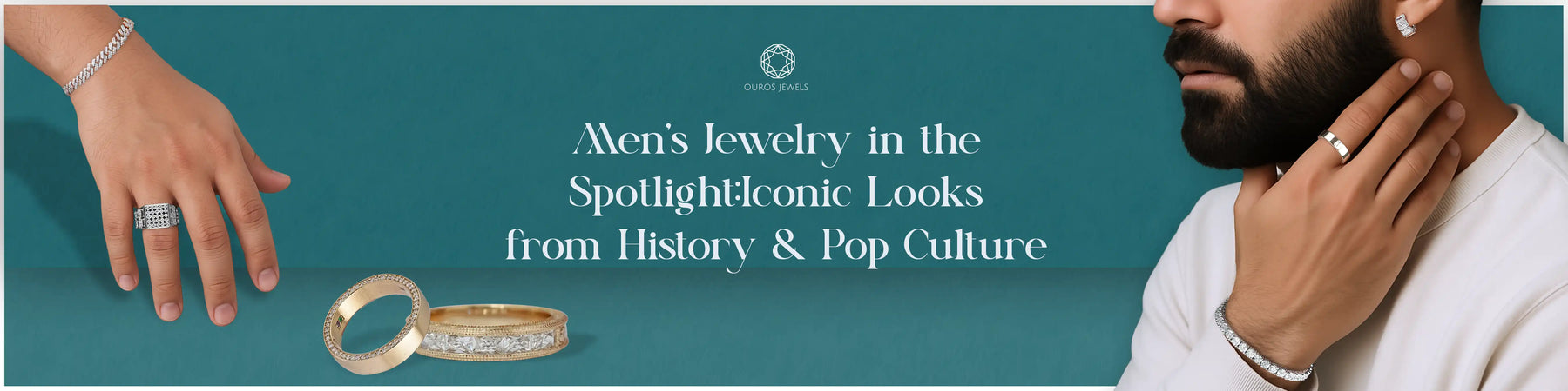 Image showing men wearing a lab-grown diamond bracelet with text: Hollywood Icons Diamonds and Luxury by Ouros Jewels