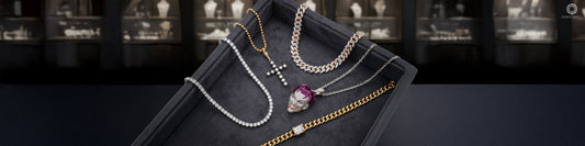 Men’s diamond necklaces collection featuring lab grown diamond cuban chains, cross pendant, tennis necklace and hip hop jewelry styles