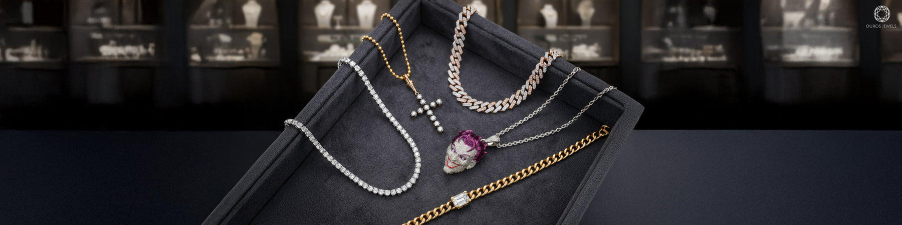 Men’s diamond necklaces collection featuring lab grown diamond cuban chains, cross pendant, tennis necklace and hip hop jewelry styles