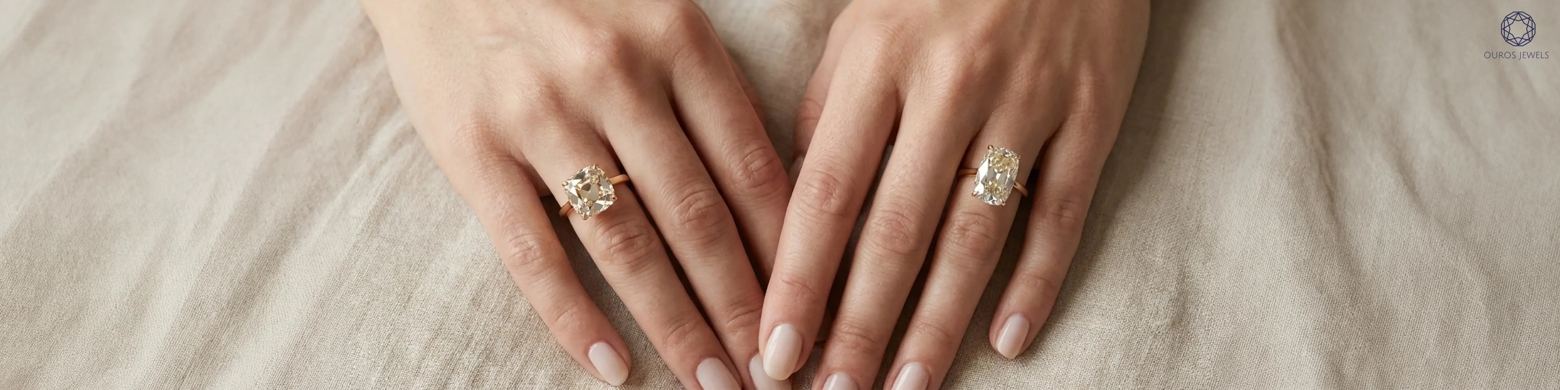Square cushion vs elongated cushion cut diamond engagement rings on hands