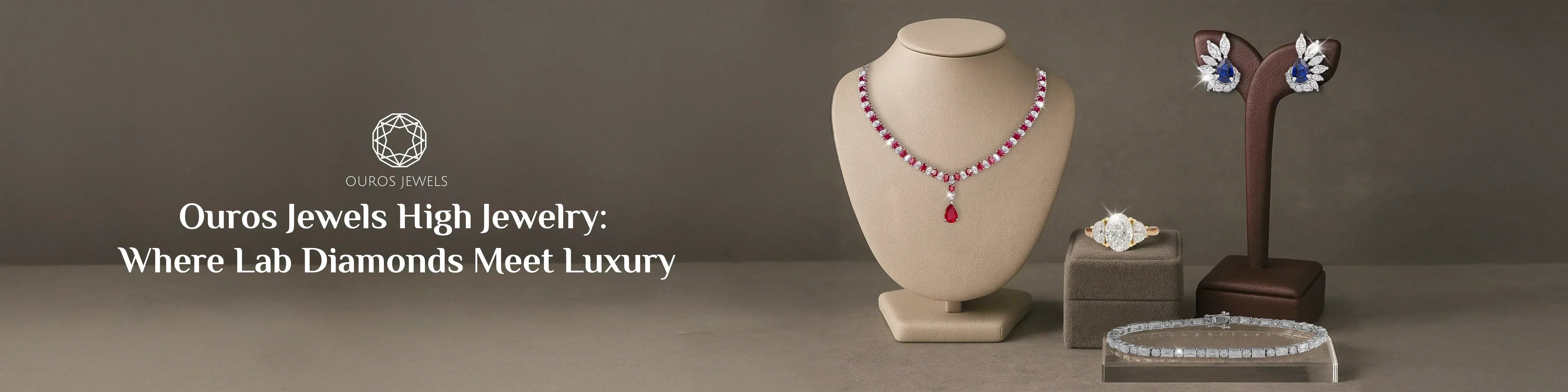 Image of luxurious lab-grown diamond high jewelry featuring necklace, earrings, ring, and bracelet.