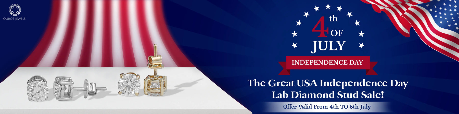 Image showing Ouros Jewels offering The Great USA Independence Day Round Lab-Grown Diamond Stud Earrings Sale from 4th to 6th of July 2025.