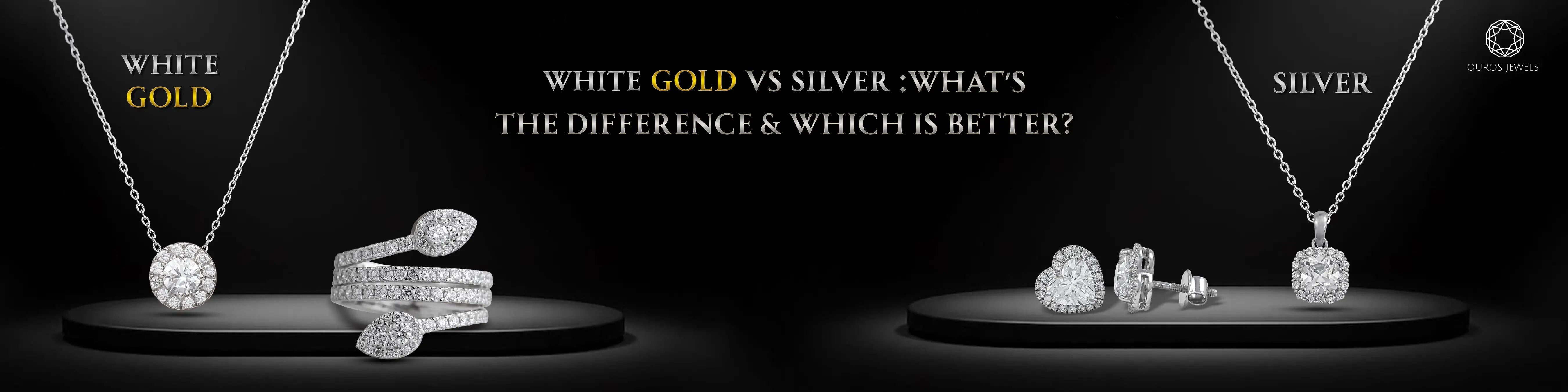 Comparison of white gold and silver jewelry, featuring necklaces, rings, and earrings.