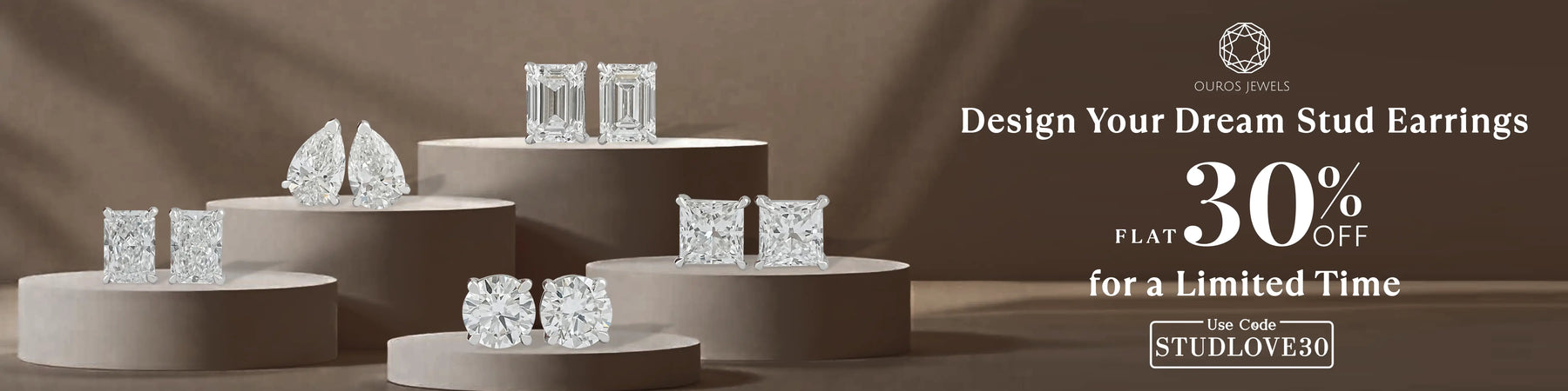 Image showing various Lab-grown diamond stud earrings in different diamond cuts with 30% off limited-time offer