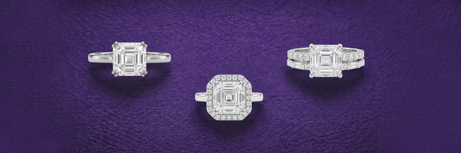 Three asscher cut lab-grown diamond engagement rings in white gold — classic four-prong solitaire, asscher cut diamond halo ring, and asscher cut with baguette and round pavé bridal set on purple textured background